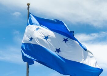 a blue and white flag flying in the wind