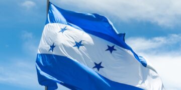 a blue and white flag flying in the wind