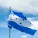 a blue and white flag flying in the wind