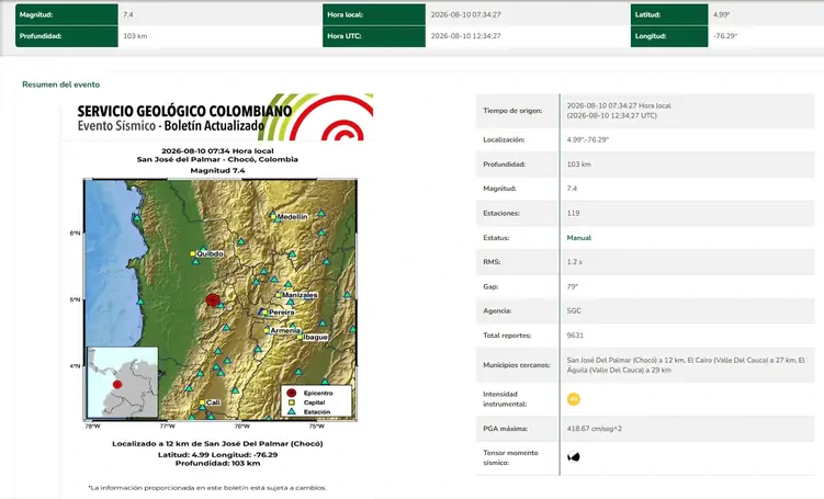 Terremoto de magnitud 7,4 sacude el occidente de Colombia